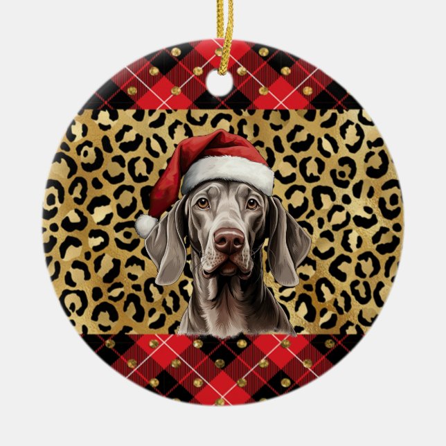 Custom Name Weimaraner dog Santa hat Buffalo Plaid Ceramic Tree Decoration (Front)