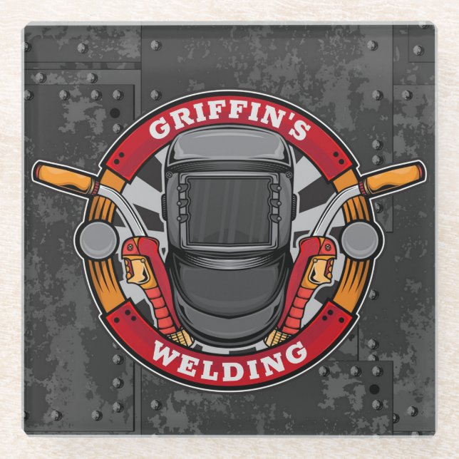 Custom NAME Welder Metal Fabricator Welding Shop Glass Coaster (Front)
