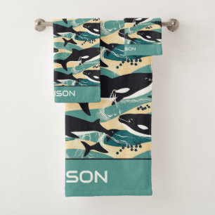 Custom Name Whales Pattern Bath Towel Set