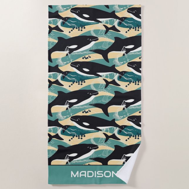 Custom Name Whales Pattern Beach Towel (Front)