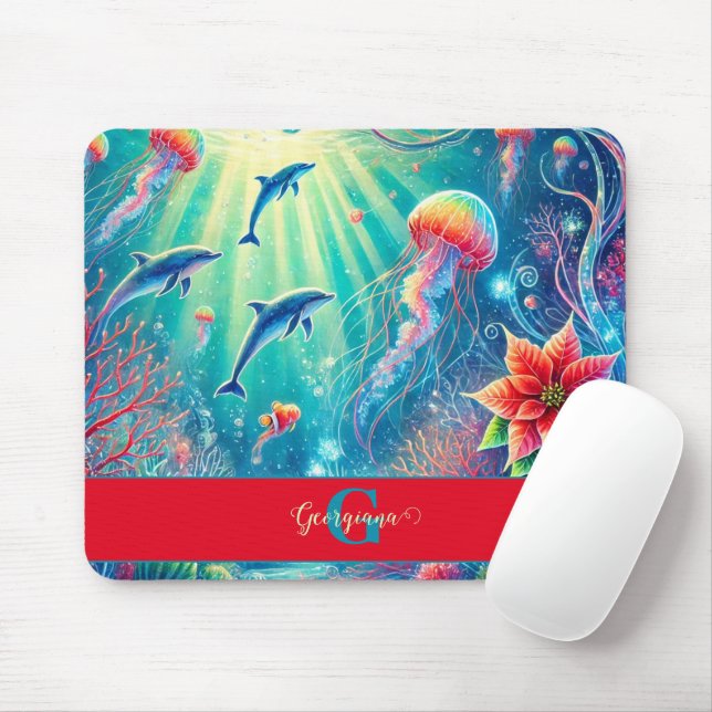 Custom Name Whimsical Floral Coral Reef Poinsettia Mouse Pad (With Mouse)