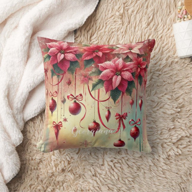 Custom Name Whimsical Poinsettia Christmas Baubles Cushion (Blanket)