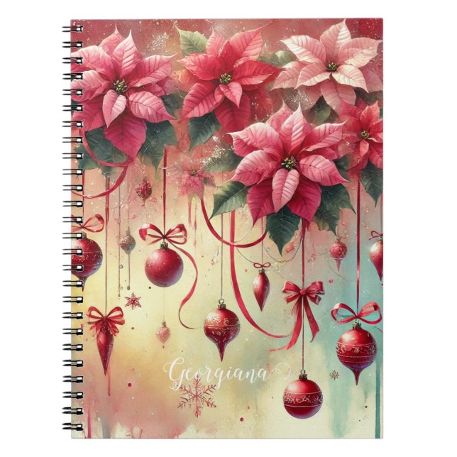 Custom Name Whimsical Poinsettia Christmas Baubles Notebook (Front)