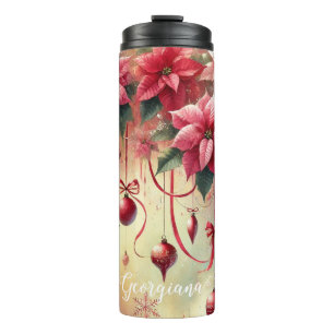 Custom Name Whimsical Poinsettia Christmas Baubles Thermal Tumbler