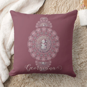 Custom Name Whimsical Snowman Ornamental Mandala Cushion