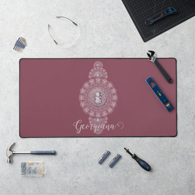 Custom Name Whimsical Snowman Ornamental Mandala Desk Mat (Workstation)