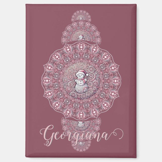 Custom Name Whimsical Snowman Ornamental Mandala Magnet (Front)