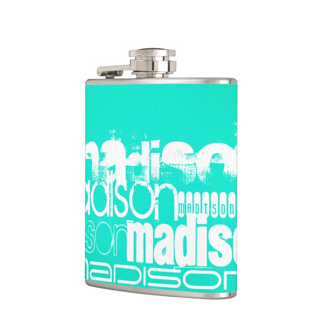 Custom Name, White and Neon Aqua Turquoise Hip Flask (Left)