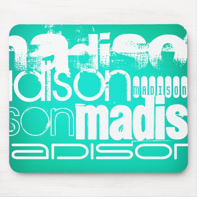 Custom Name, White and Neon Aqua Turquoise Mouse Pad (Front)