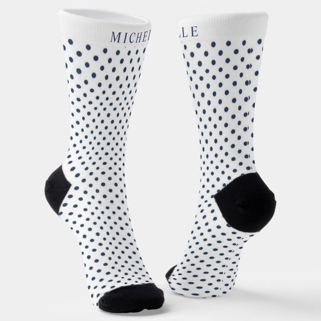Custom Name White Backgroud Navy Blue Polka Dot Socks (Angled)