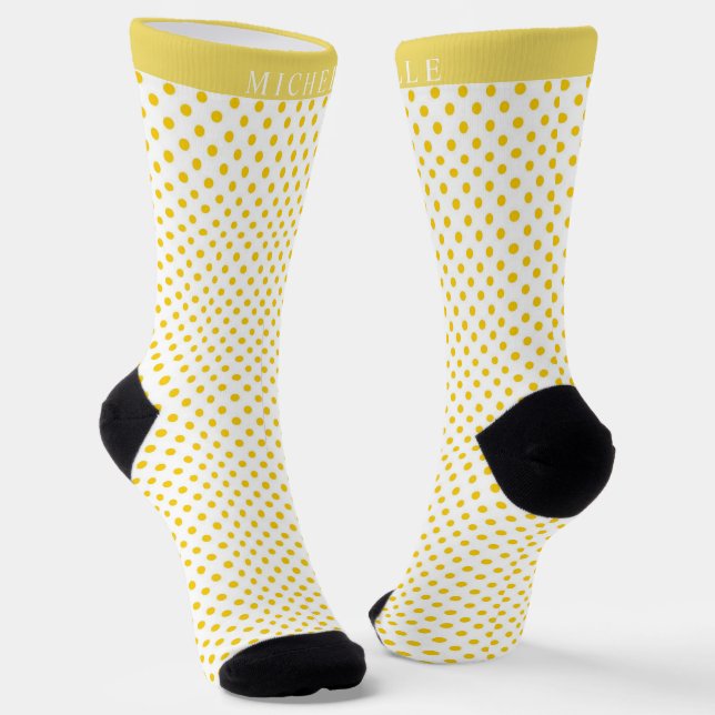 Custom Name White Background Yellow Polka Dot Socks (Angled)