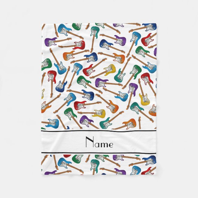 Custom name white colourful electric guitars fleece blanket (Front)