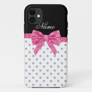 Custom name white diamonds pink glitter bow Case-Mate iPhone case