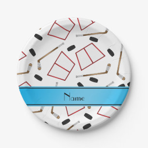 Custom name white hockey sticks pucks nets paper plate