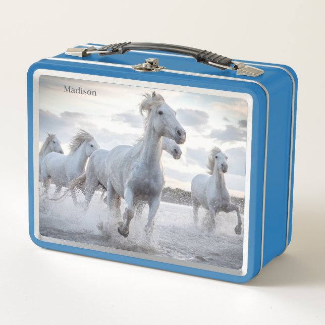 Custom Name White Horses Metal Lunch Box (Front)
