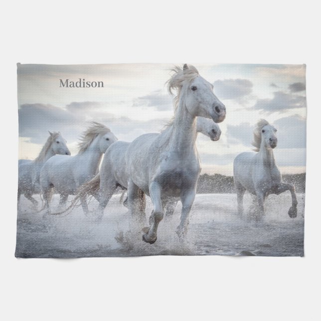 Custom Name White Horses Tea Towel (Horizontal)