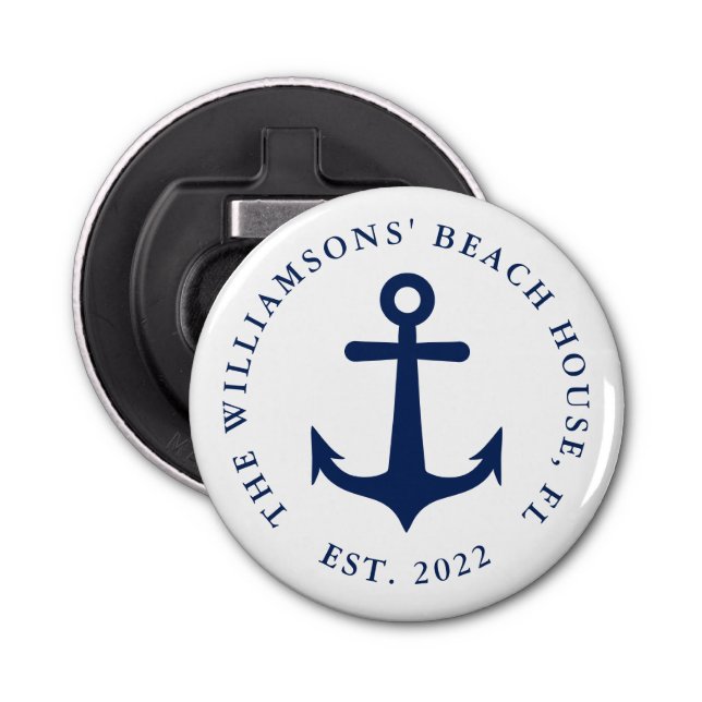 Custom Name White Navy Blue Anchor Nautical Bottle Opener (Front)