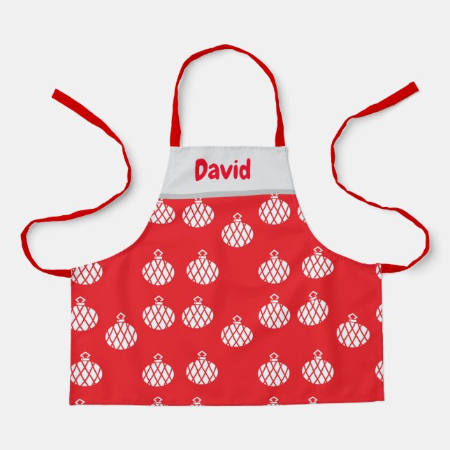 Custom name white ornaments on red apron (Front)