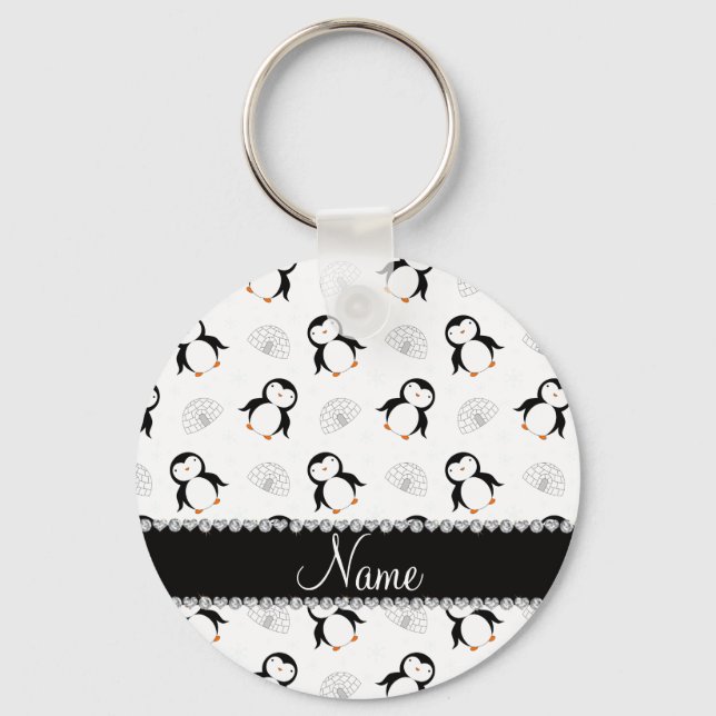 Custom name white penguins igloos snowflakes key ring (Front)