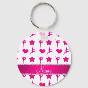 Custom name white pink gymnastics stars hearts key ring