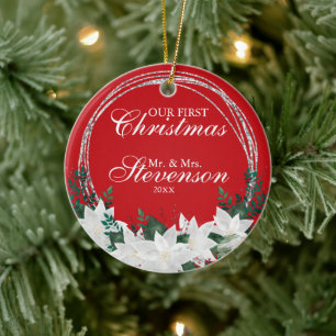 Custom Name White Poinsettia Floral Christmas Ceramic Tree Decoration