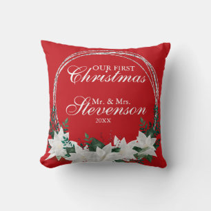 Custom Name White Poinsettia Floral Christmas Cushion