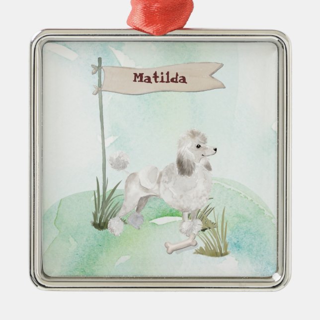 Custom Name White Poodle Pet Dog Metal Tree Decoration (Front)