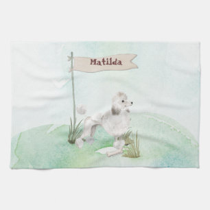 Custom Name White Poodle Pet Dog Tea Towel
