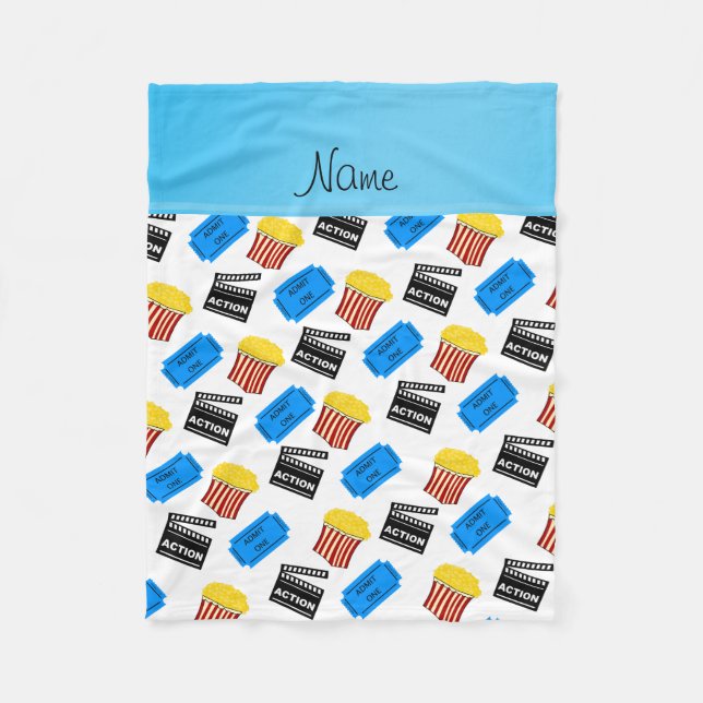 Custom name white popcorn movie ticket action sign fleece blanket (Front)