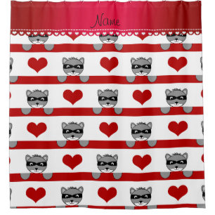 Custom name white raccoons red hearts stripes shower curtain