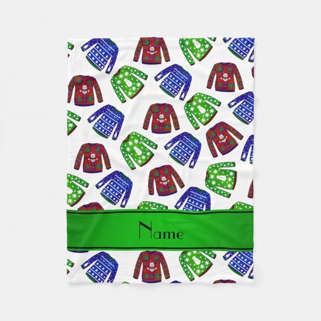 Custom name white ugly christmas sweater pattern fleece blanket (Front)