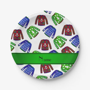 Custom name white ugly christmas sweater pattern paper plate