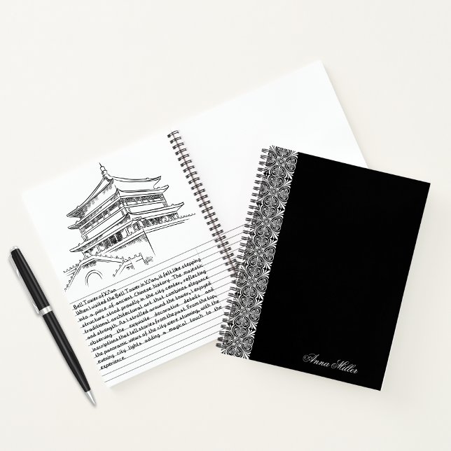 Custom Name White Vector Pattern Black Notebook (Creator Uploaded)