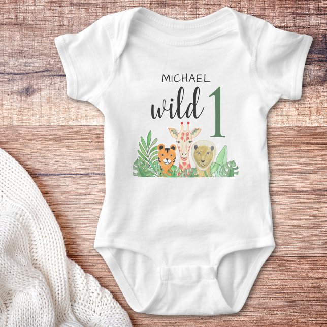 Custom Name Wild One Jungle Animals Greenery   Baby Bodysuit (Creator Uploaded)