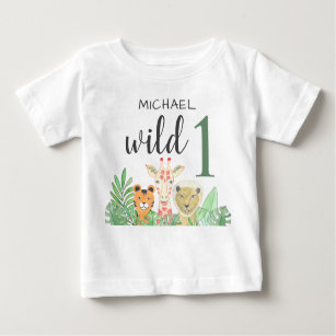 Custom Name Wild One Jungle Animals Greenery  Baby T-Shirt