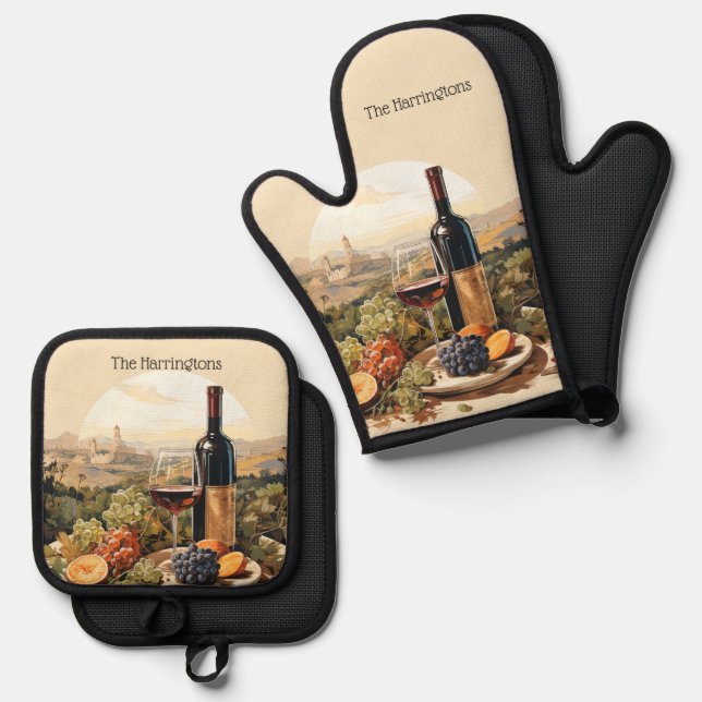 Custom Name Wine Lover's Oven Mitt & Pot Holder Set (Front/Back)