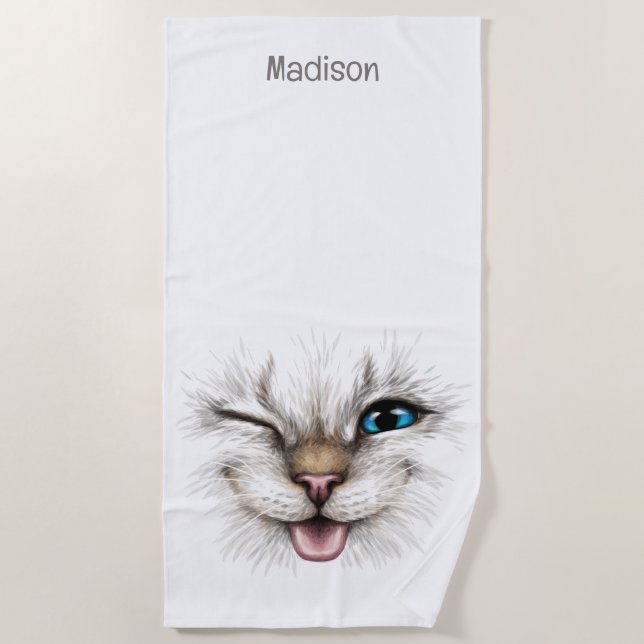 Custom Name Winking Cat Beach Towel (Front)