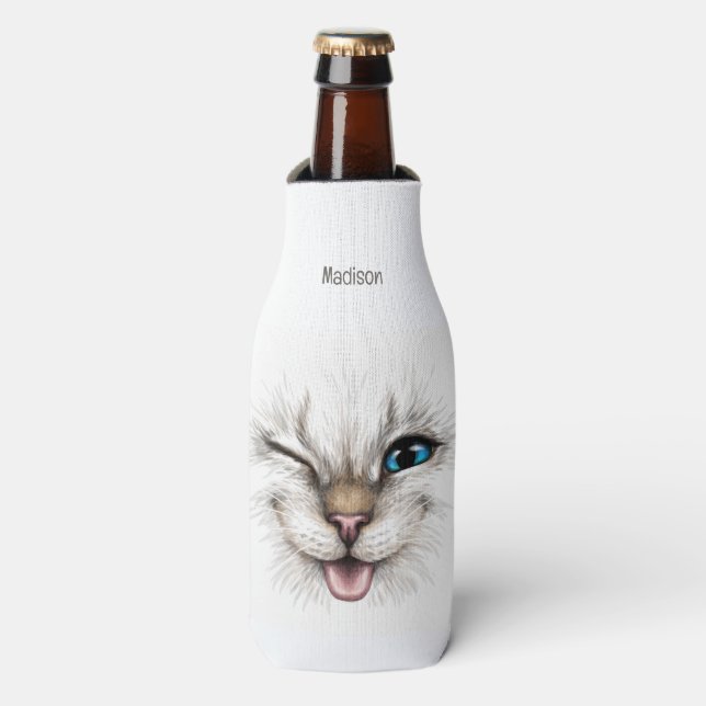 Custom Name Winking Cat Bottle Cooler (Bottle Front)
