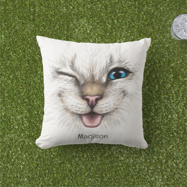 Custom Name Winking Cat Cushion (Grass)