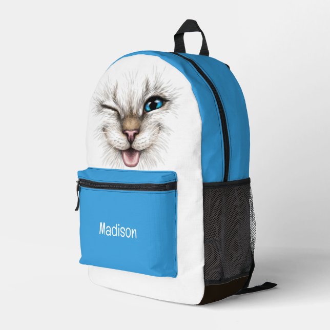 Custom Name Winking Cat Printed Backpack (Back Corner Right)