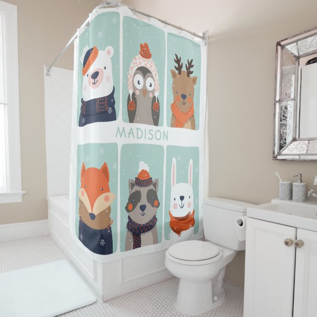 Custom name Winter Animals shower curtain (In Situ)