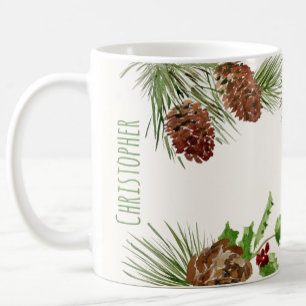 Custom Name Winter Greenery and Holly Mug