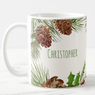 Custom Name Winter Greenery and Holly Mug
