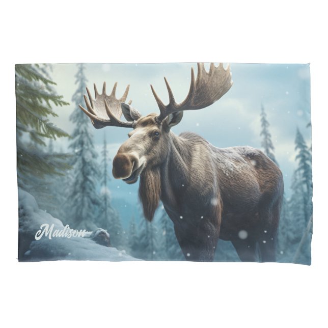 Custom Name Winter Moose Pillowcase (Front)