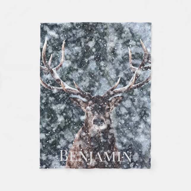 Custom Name Winter Snow Deer Fleece Blanket (Front)