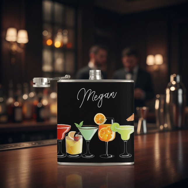 Custom Name with Colourful Hand-Drawn Cocktails Hip Flask (Creator Uploaded)