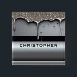 Custom Name With Dripping Liquid Metal 15 Cm Square Badge<br><div class="desc">Polished chrome nameplate reading NAME with dripping liquid metal and strong reflective highlights. Embossed 3D typography on a sleek dark background evokes luxury,  modern branding,  industrial design and custom identity.</div>