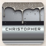 Custom Name With Dripping Liquid Metal Coaster<br><div class="desc">Polished chrome nameplate reading NAME with dripping liquid metal and strong reflective highlights. Embossed 3D typography on a sleek dark background evokes luxury,  modern branding,  industrial design and custom identity.</div>
