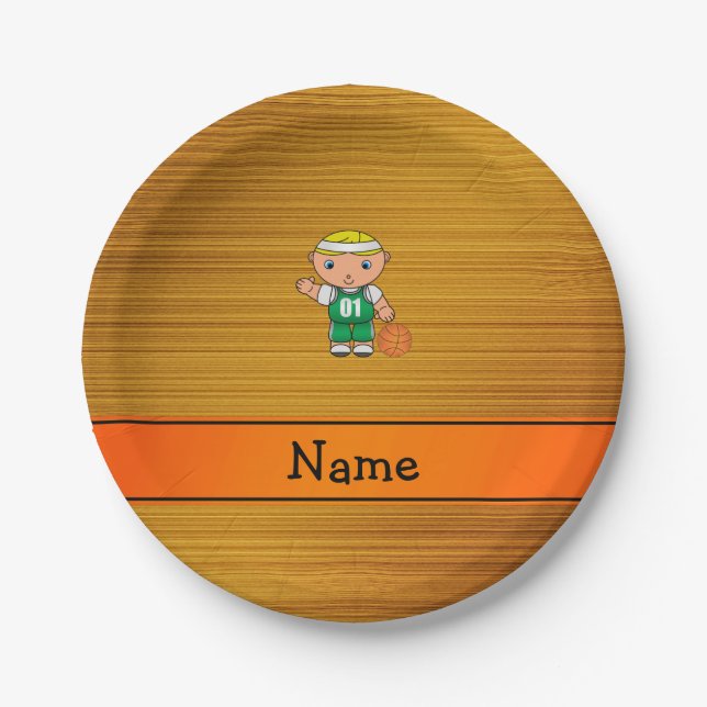 Custom name wood grain basketball player paper plate (Front)