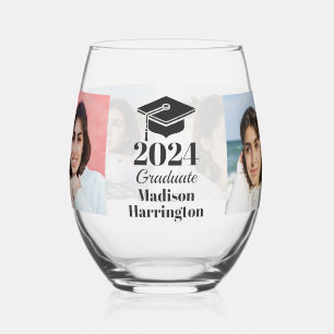Custom name, year & 4 photos Graduation Stemless Wine Glass